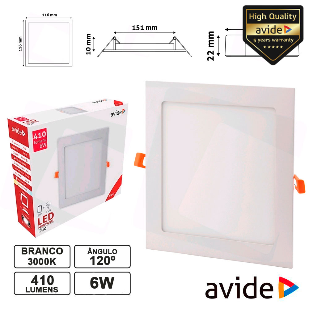 PAINEL LEDS QUADRADO 6W 116MM 3000K 410LM AVIDE