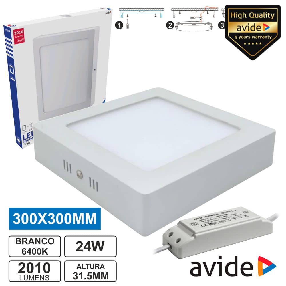 ACSMCW-S-24W-ALU Painel LED quadrado de superficie 24W 300mm 6400K 2010LM AVIDE