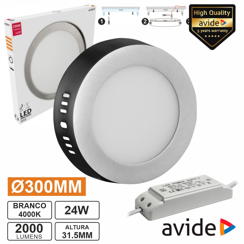 Painel LEDS Redondo Superfície 24W 300mm 4000K 2000lm AVIDE