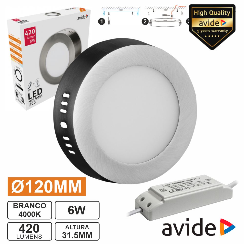 Painel LEDS Redondo Superfície 6W 120mm 4000K 420lm AVIDE