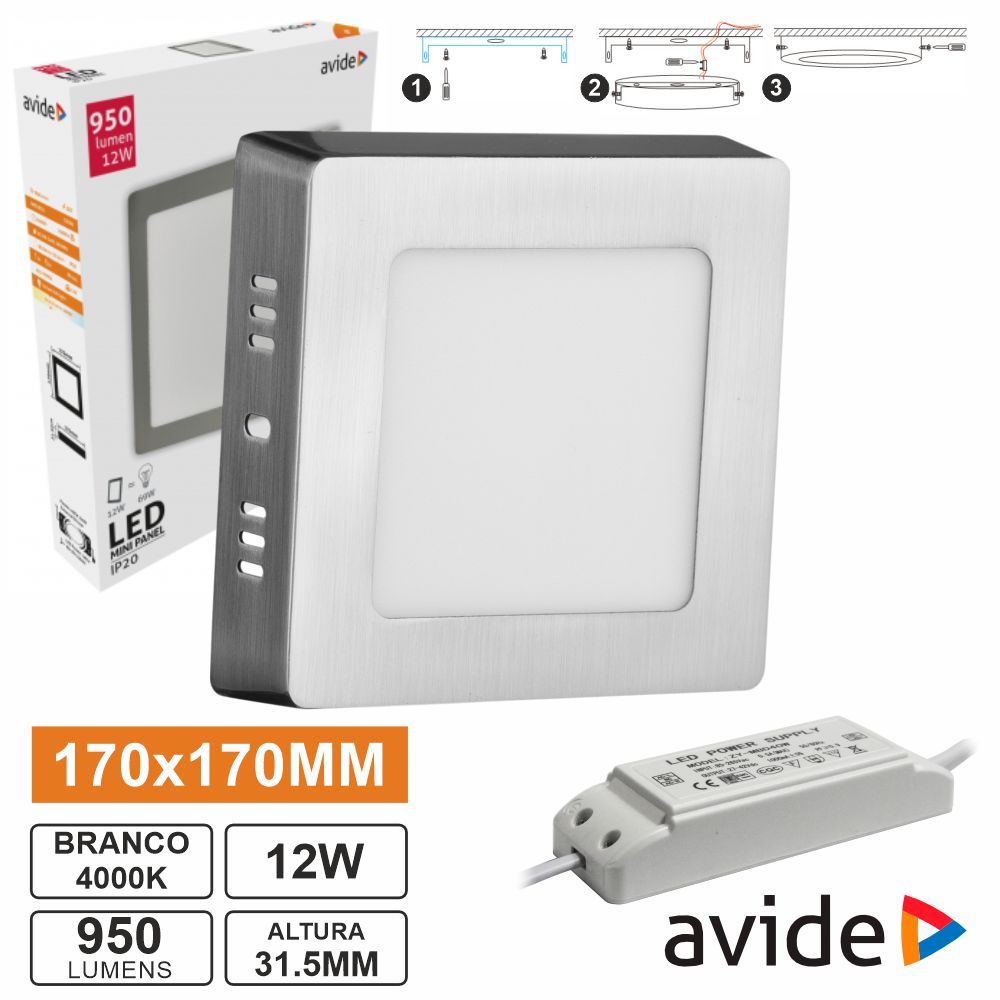 Painel LEDS Quadrado Superfície 12W 170mm 4000K 840lm AVIDE