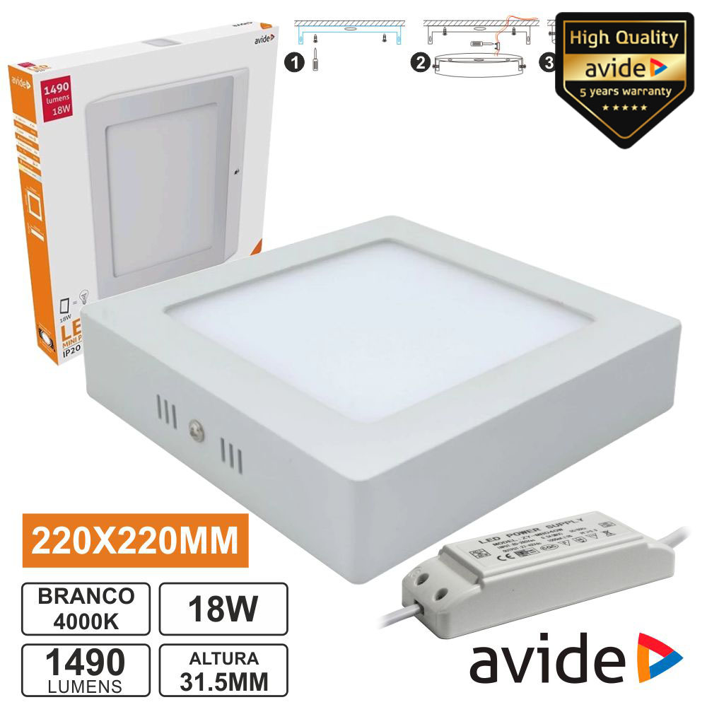 PAINEL LEDS QUADRADO SUPERFÍCIE 18W 220MM 4000K 1490LM AVIDE