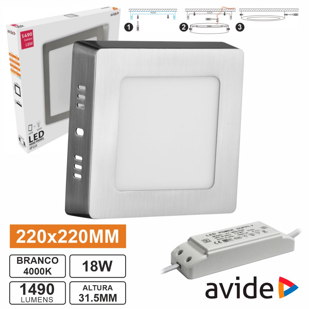 Painel LEDS Quadrado Superfície 18W 220mm 4000K 1490lm AVIDE