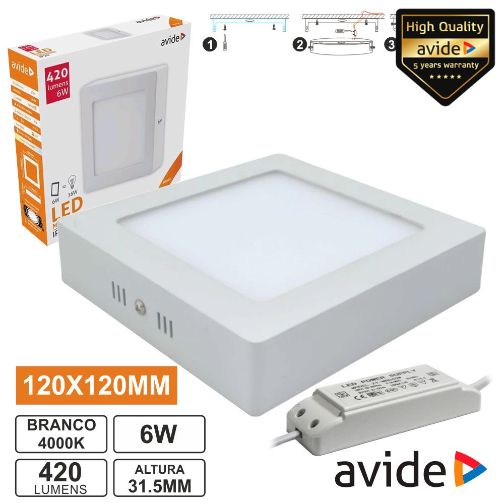 PAINEL LEDS QUADRADO SUPERFÍCIE 6W 120MM 4000K 420LM AVIDE
