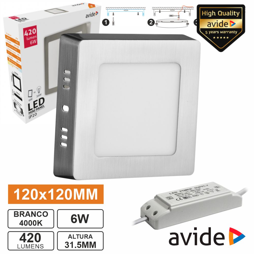 Painel LEDS Quadrado Superfície 6W 120mm 4000K 420lm AVIDE