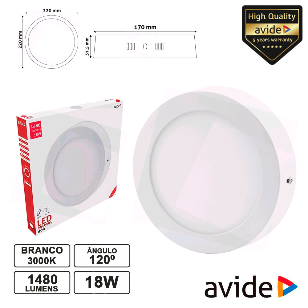 PAINEL LEDS REDONDO SUPERFÍCIE 18W 220MM 3000K 1480LM AVIDE
