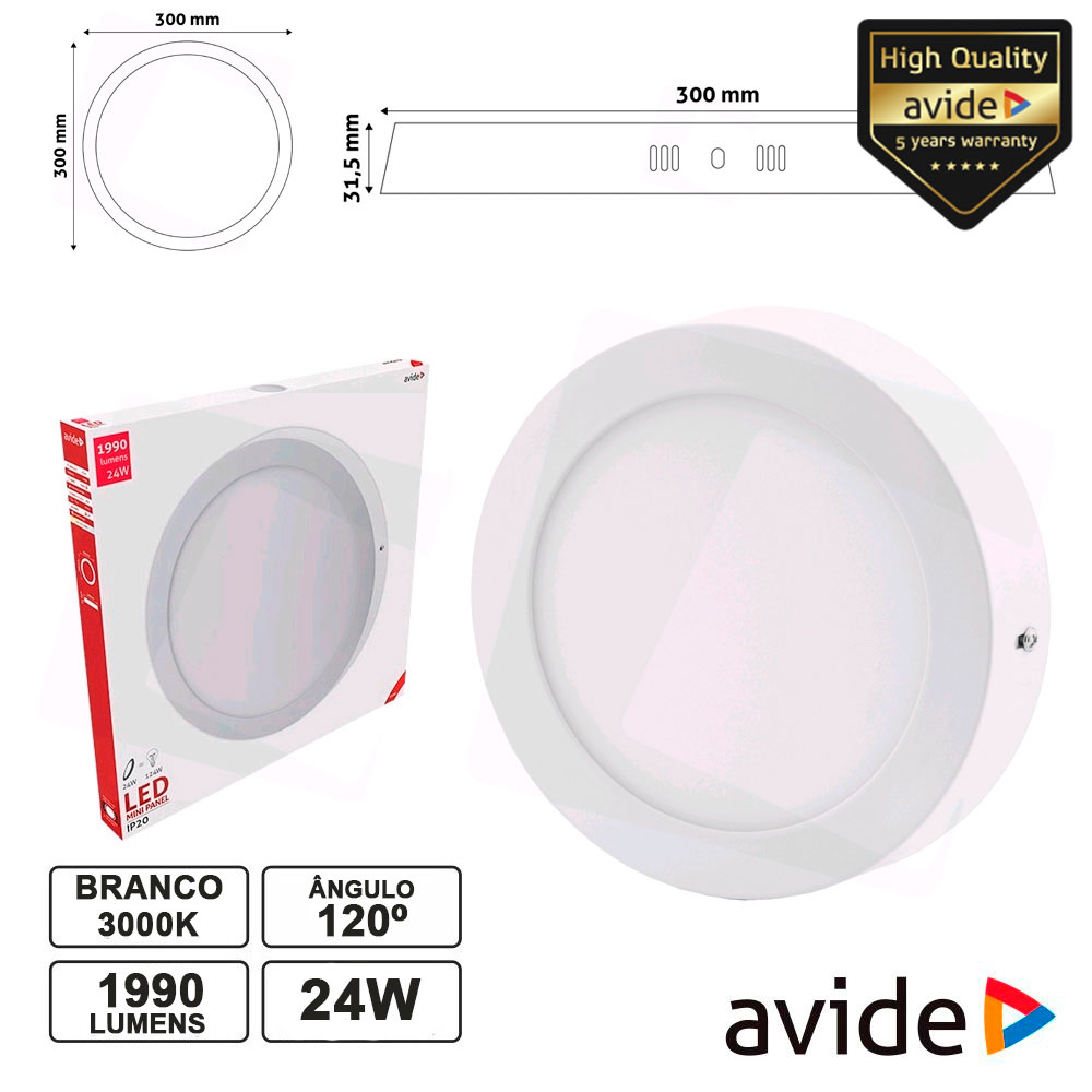 PAINEL LEDS REDONDO SUPERFÍCIE 24W 300MM 3000K 1990LM AVIDE