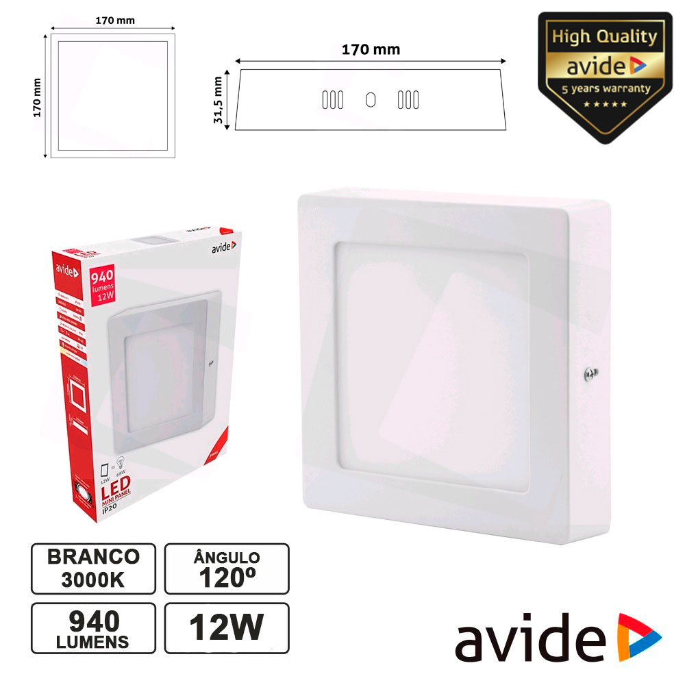PAINEL LEDS QUADRADO SUPERFÍCIE 12W 170MM 3000K 940LM AVIDE