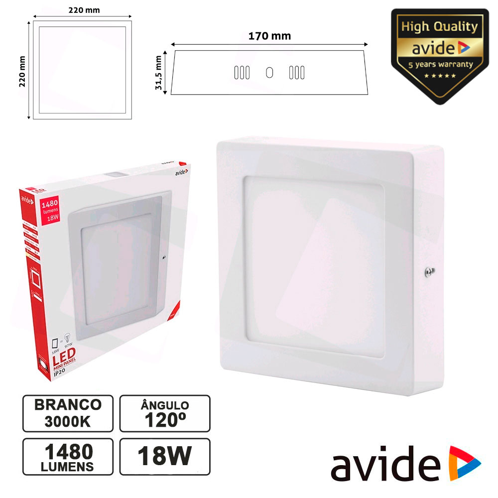 PAINEL LEDS QUADRADO SUPERFÍCIE 18W 220MM 3000K 1480LM AVIDE