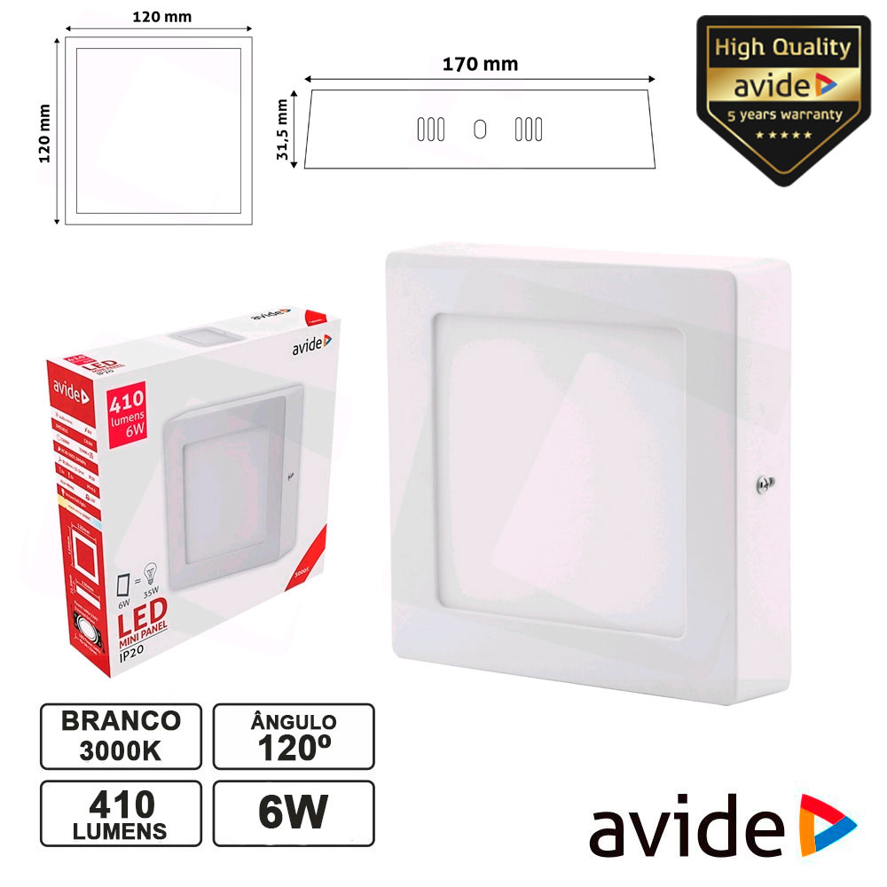 PAINEL LEDS QUADRADO SUPERFÍCIE 6W 120MM 3000K 410LM AVIDE