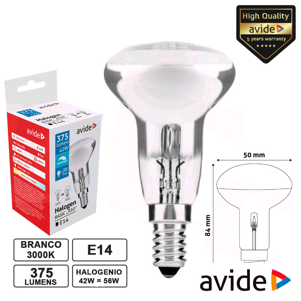 LÂMPADA E14 R50 42W=56W 230V HALOGÉNEO 375LM AVIDE