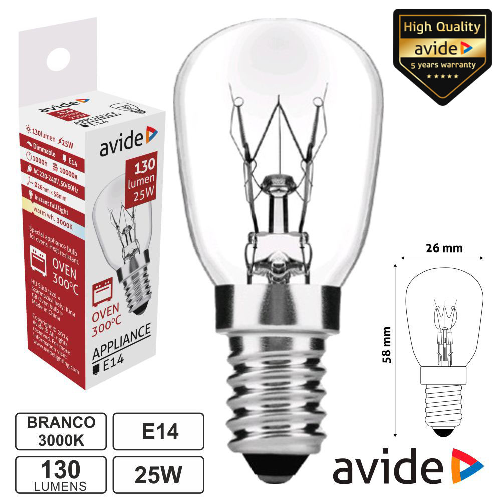 LÂMPADA E14 25W 230V 300ºC P/ FORNOS AVIDE