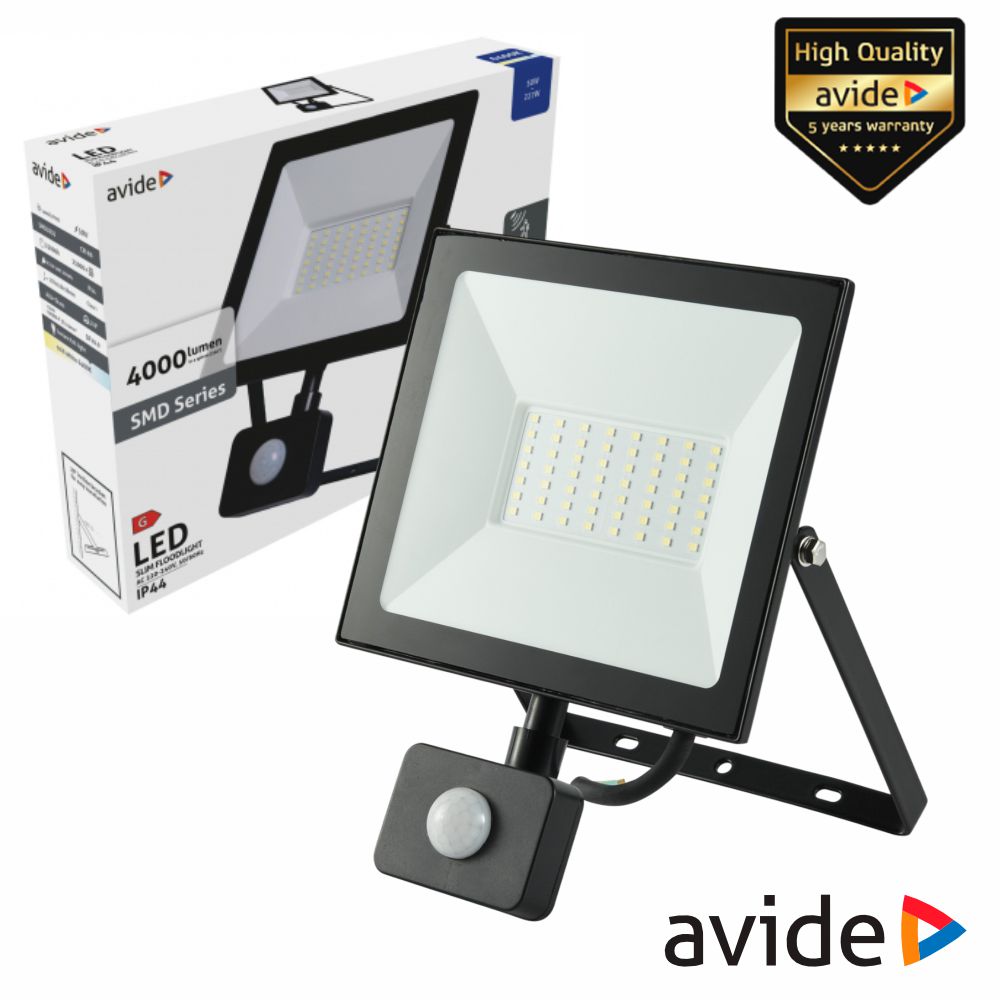 Foco LED 50W 230V 6400K 4000lm C/ Sensor Preto Avide
