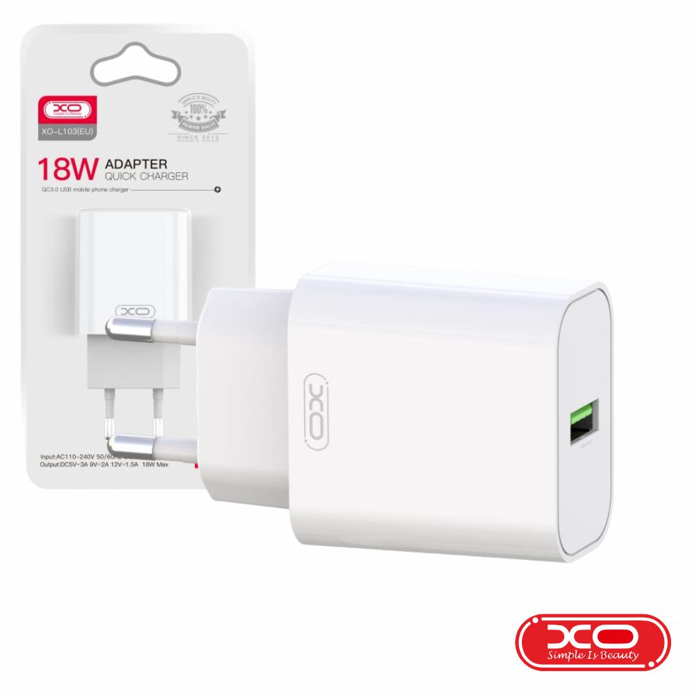 Alimentador USB-A 5V QC3.0 18W 3A Branco XO