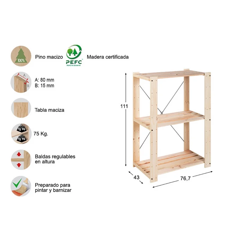 Estante 3 Prateleiras Evolution 111x76,7x43cm Pinh