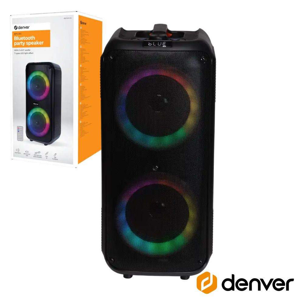 Coluna Amplificada 2x6.5" 200W USB/BT/SD/AUX TWS RGB DENVER
