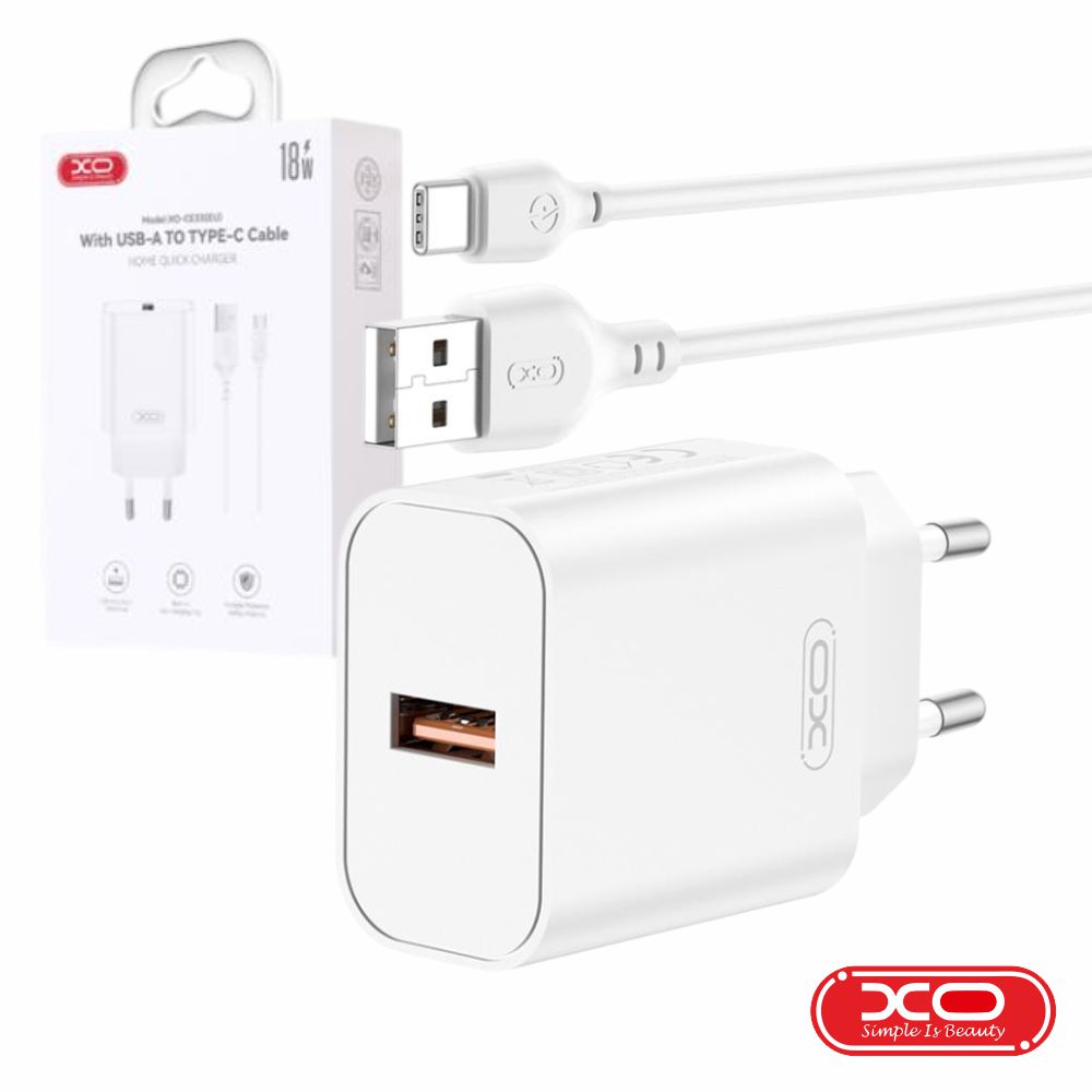 Alimentador USB-A QC 3.0 18W + Cabo USB-A/USB-C Branco XO