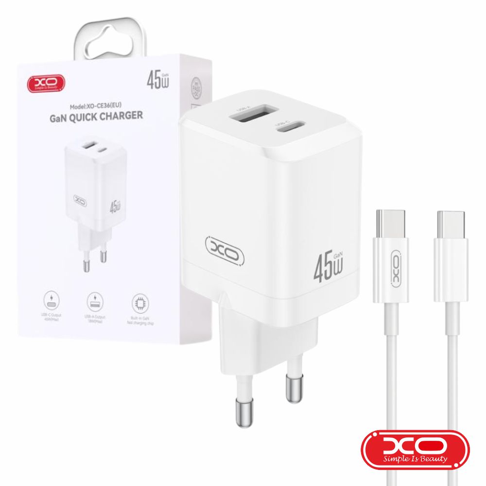 Alimentador 1x USB-A / 1x USB-C 45W GaN C/ Cabo USB-C XO