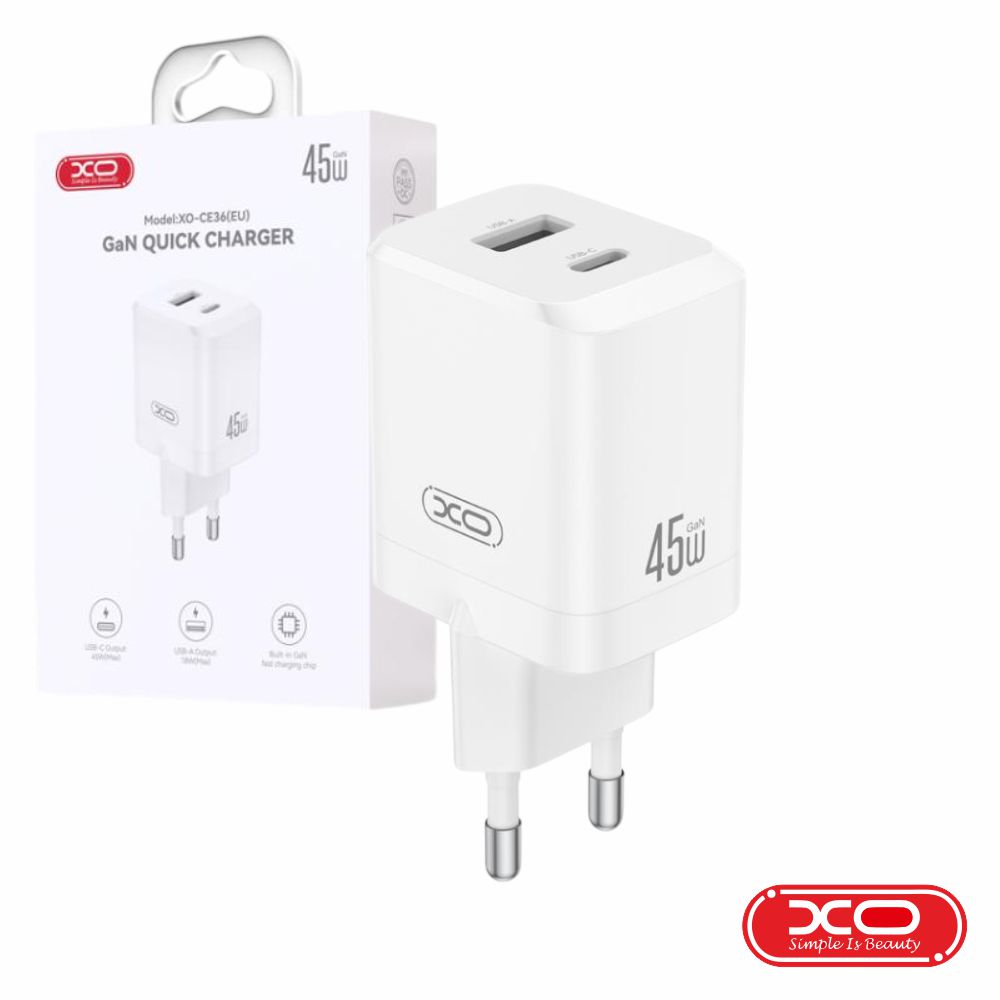 Alimentador 1x USB-A / 1x USB-C 45W GaN Branco XO