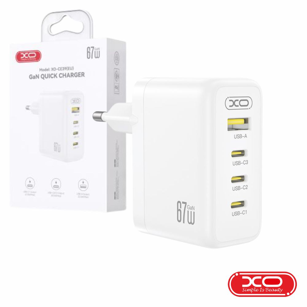 Alimentador 1x USB-A 3x USB-C PD 67W GaN Branco XO