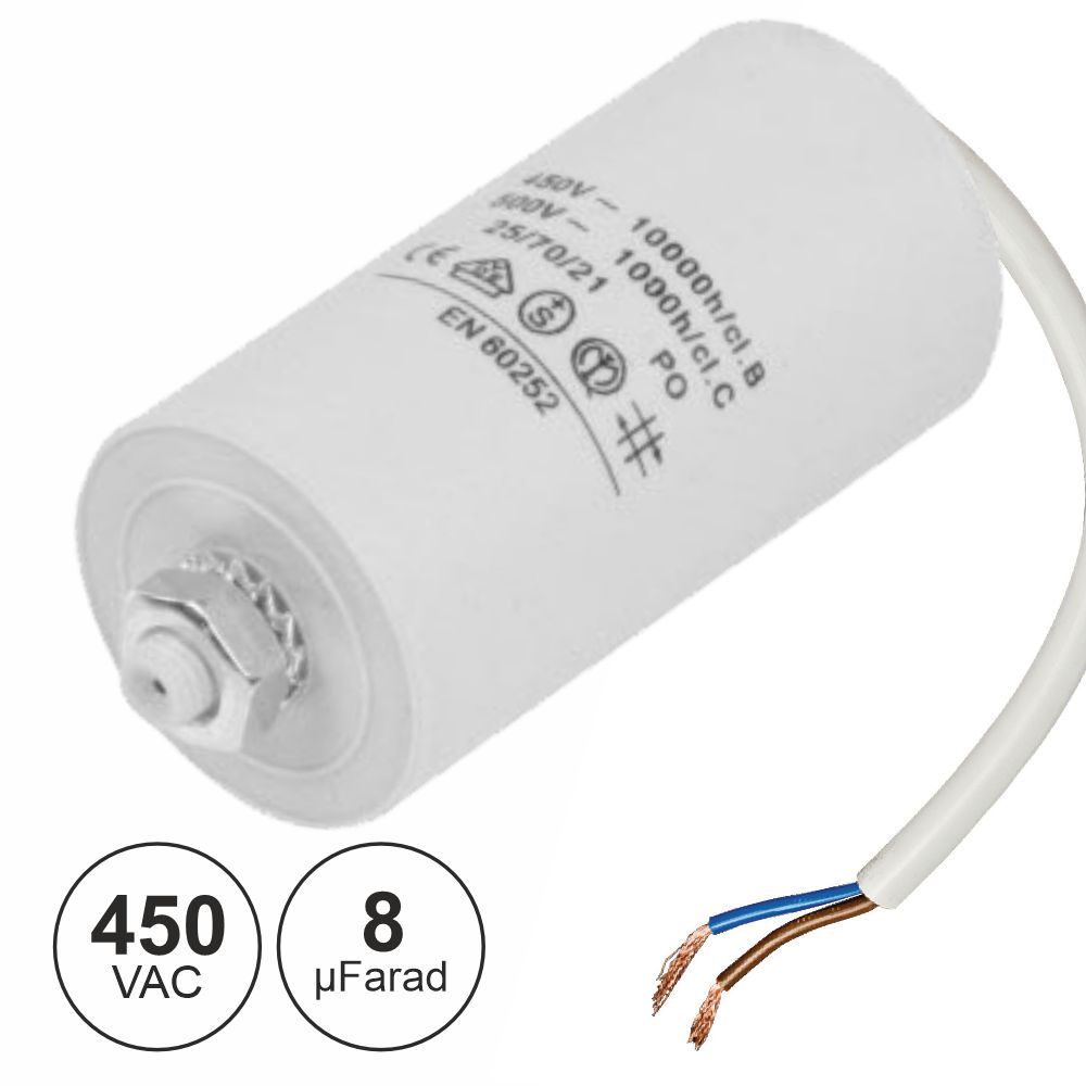 Condensador Arranque 8uF 450V + Terra C/ Fios