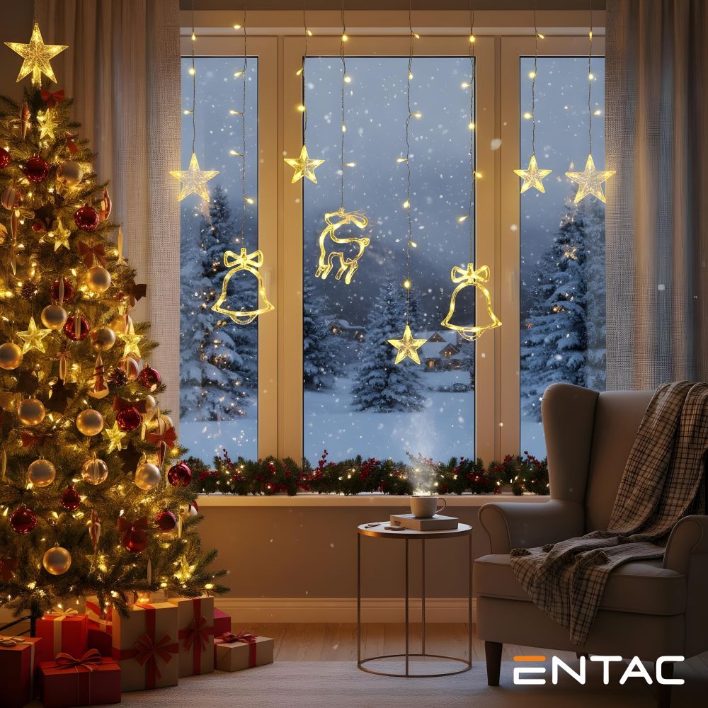 Grinalda 135 LEDs 2.7W Cortina de Sinos/Renas/Estrelas 3x0.7