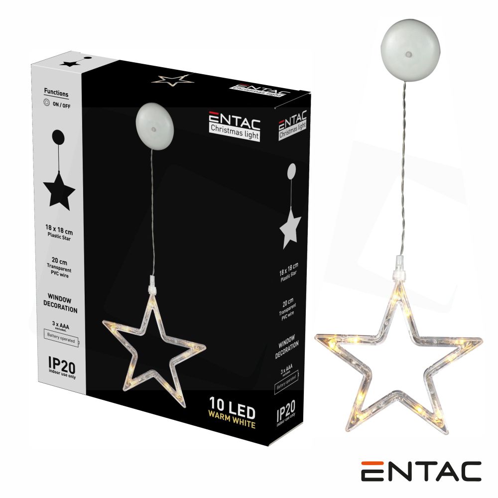 Estrela Decorativo c/ ventosa 10 LED 3000K a pilhas ENTAC