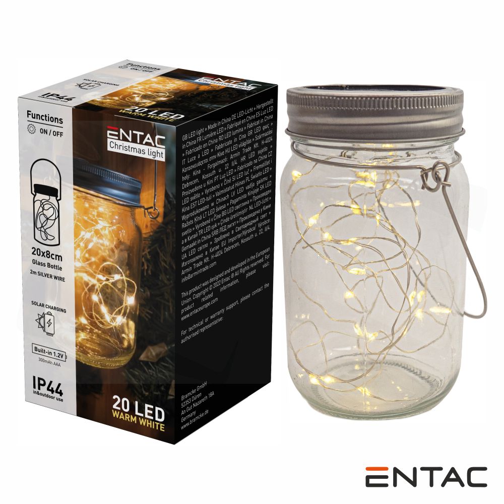 Frasco Decorativo 20 LEDS 3000K C/ Carregamento Solar ENTAC
