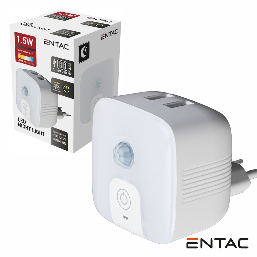 Luz De Presença LED PIR 3000K 230V C/ 2 Portas USB-A ENTAC