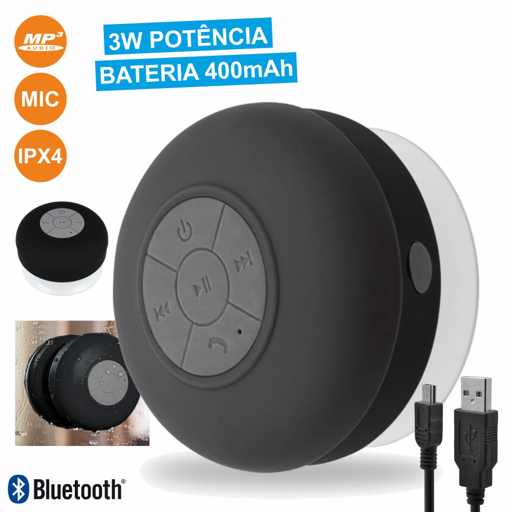 EP124K Coluna Bluetooth Portátil C/ Ventosa 3W Preto Ipx4