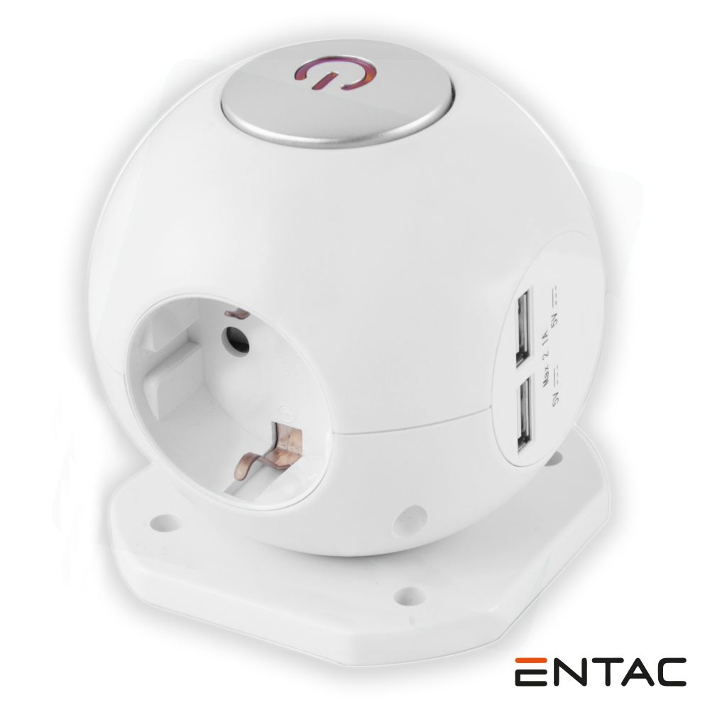 Tomada Elétrica Globo C/ 3 Saídas 2x USB 2.1A Branco ENTAC