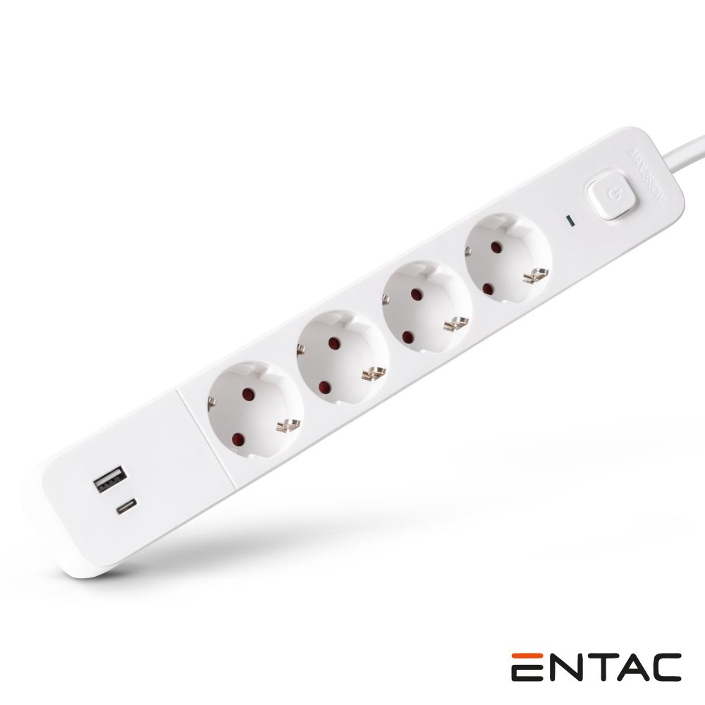 Extensão Elétrica 4x Schuko +2 USB C/ Interruptor 1.5m ENTAC