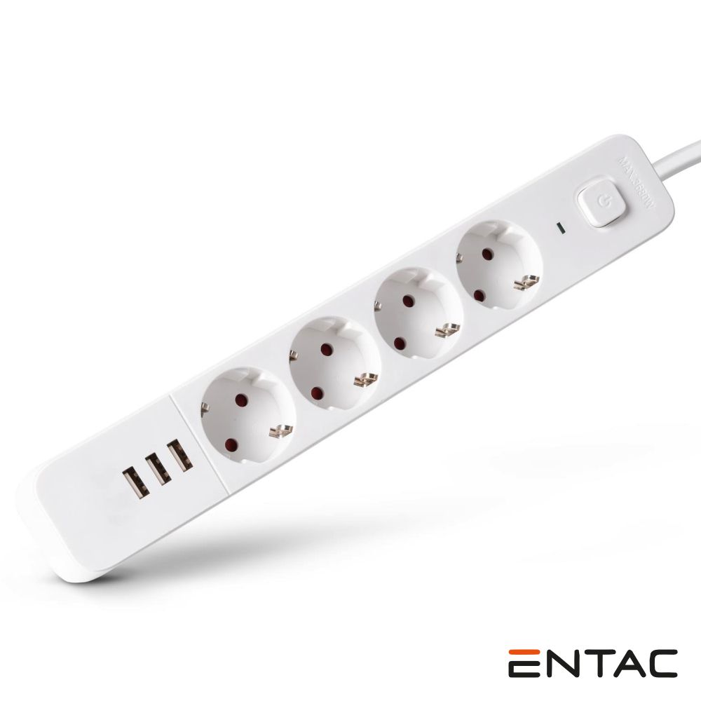 Extensão Elétrica 4x Schuko +3 USB C/ Interruptor 1.5m ENTAC