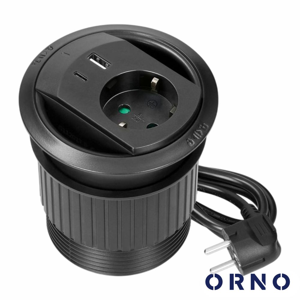 Tomada Elétrica Encastrar 1x Schuko 2x USB PD Preto ORNO
