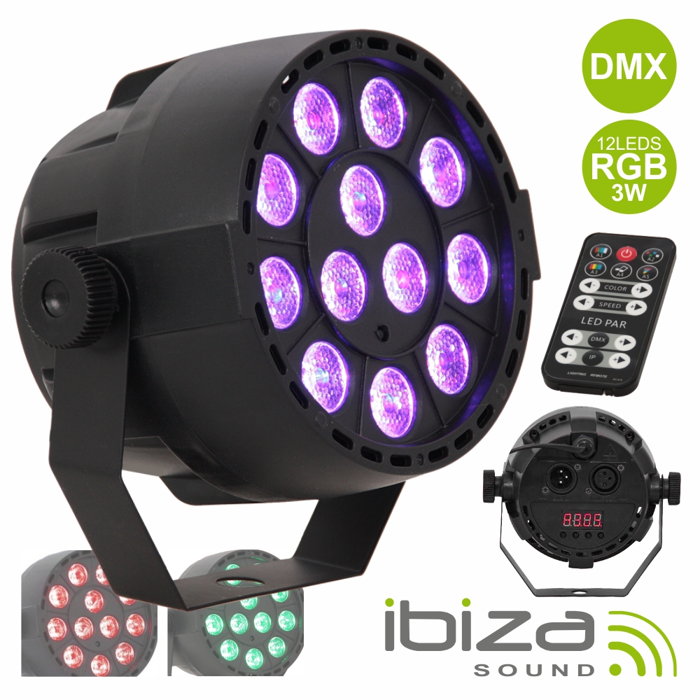 PROJETOR PAR C/ 12 LEDS RGB 3W ABS COMANDO MIC DMX IBIZA