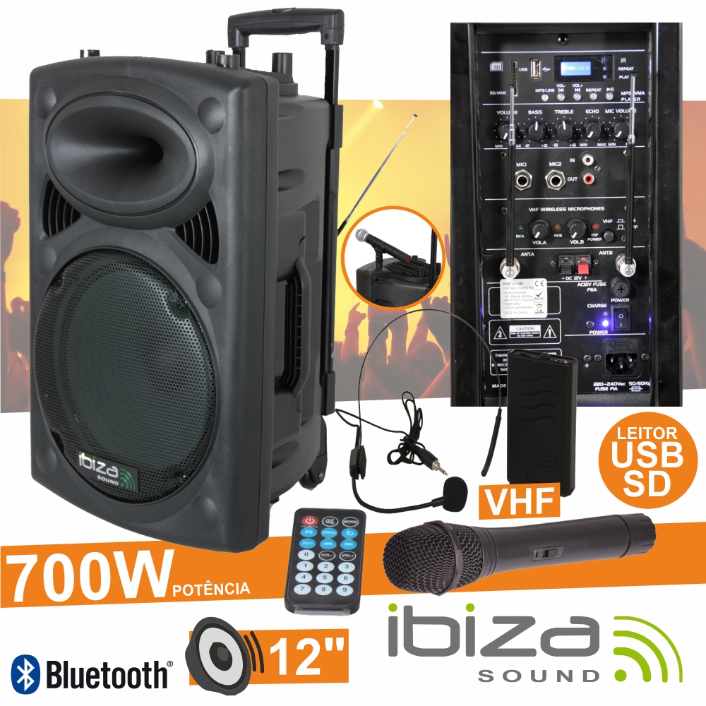 COLUNA AMPLIFICADA 12" 700W USB/BT/SD/BAT VHF PRETA IBIZA