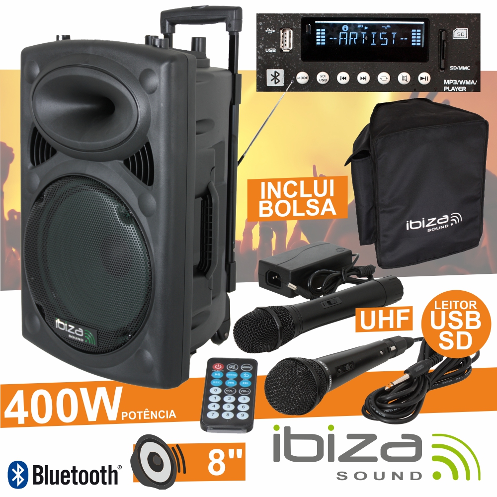 COLUNA AMPLIFICADA 8" 400W USB/BT/SD/BAT UHF PRETA IBIZA