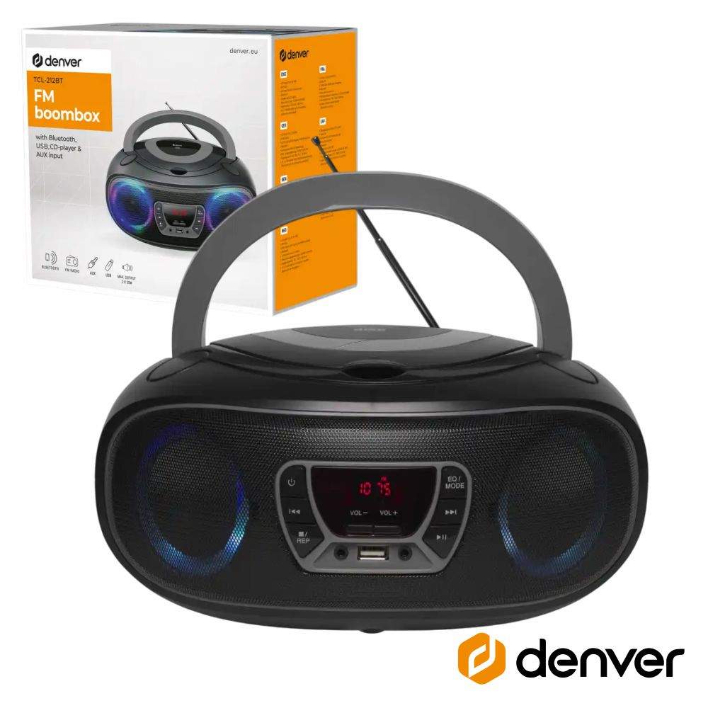 RÁDIO PORTÁTIL LEITOR FM/BT/CD/USB COLUNAS 2X2W LEDS DENVER