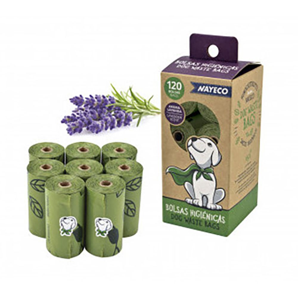 Rolo com 15 sacos higiênicos biodegradáveis, aroma de lavanda, 33 x 22 cm, 8 uds