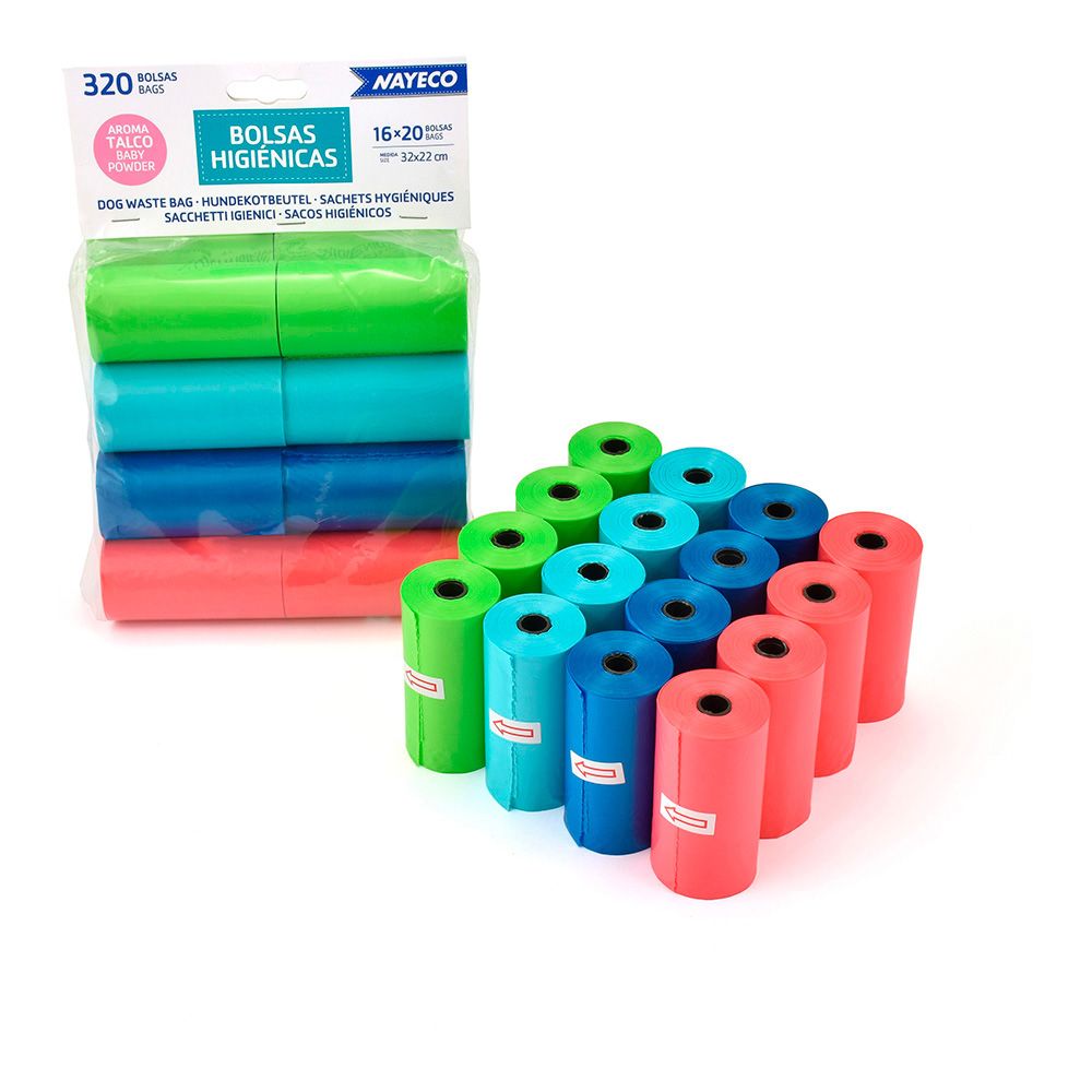 Rolo com 20 sacos higiênicos com aroma de talco, cores sortidas, 32 x 22 cm, 16 uds