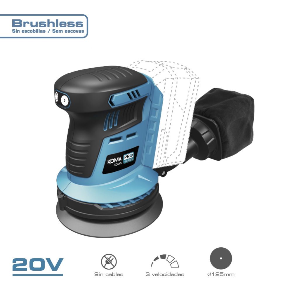 Lixadora excêntrica brushless 20 v sem bateria nem carregador, 13 x 30 x 15 cm