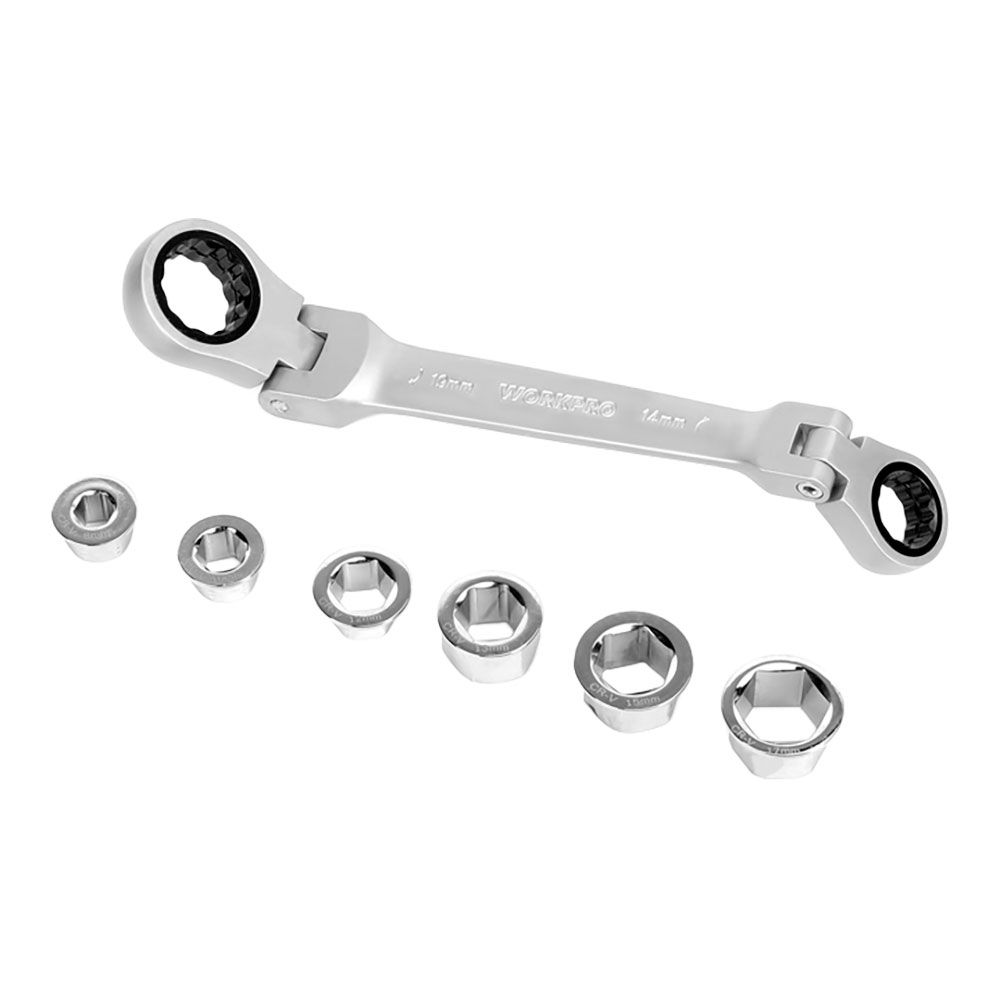 CHAVE DE ESTRELA DUPLA COM ROQUETE, ARTICULADA, 6 BOCAS INTERCAMBIÁVEIS, Cr-V, 14 x 19 mm, 7 PEÇAS