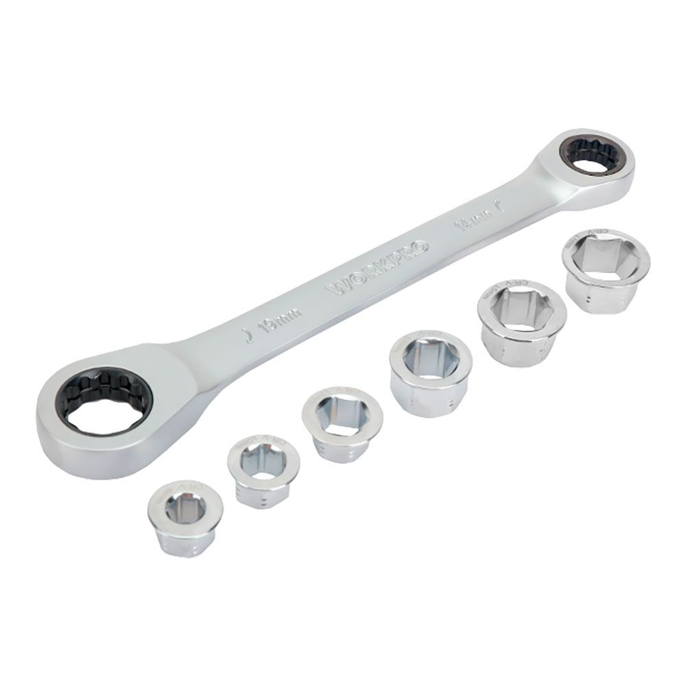 CHAVE DE ESTRELA DUPLA COM ROQUETE, 6 BOCAS INTERCAMBIÁVEIS, Cr-V, 14 x 19 mm, 7 PEÇAS