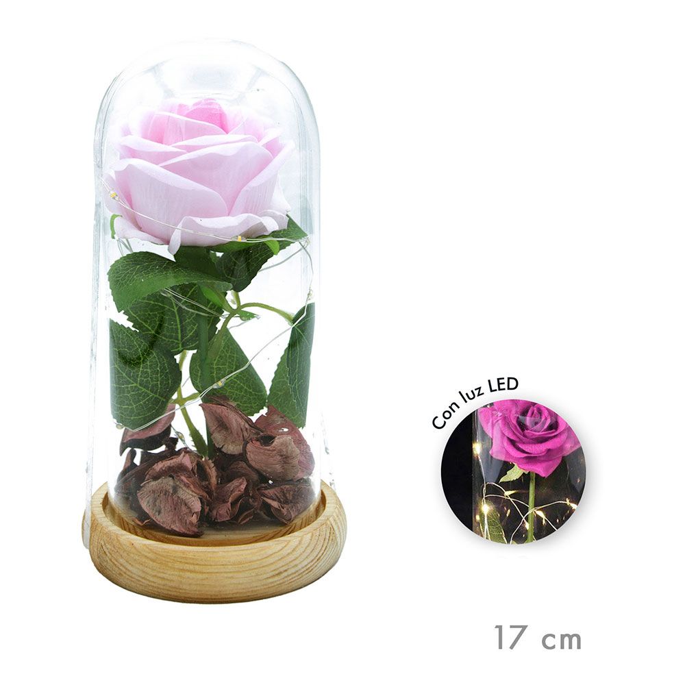 Rosa eterna artificial led cúpula cristal 17 cm, cor de rosa