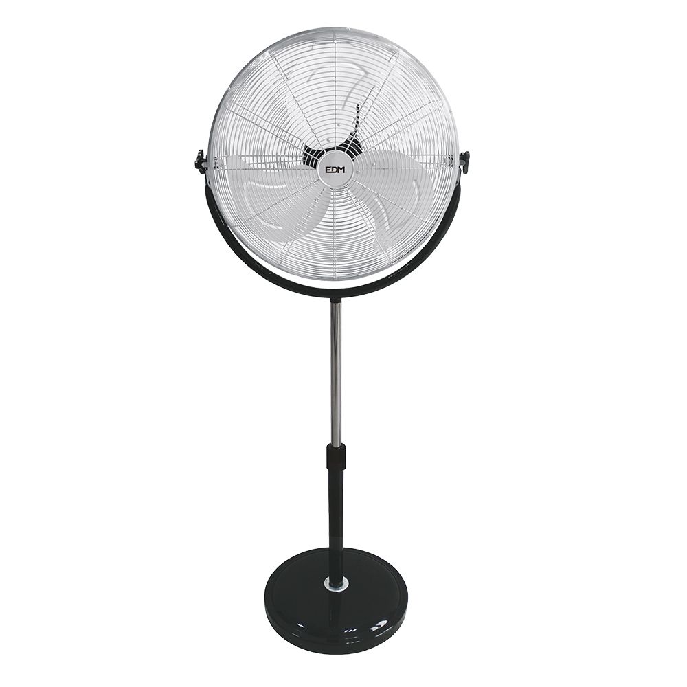 Ventoinha de pé industrial, com base circular. cromado/preto. potência: 120w, 64,9 db, pás: ø50 cm altura ajustável 118-148cm