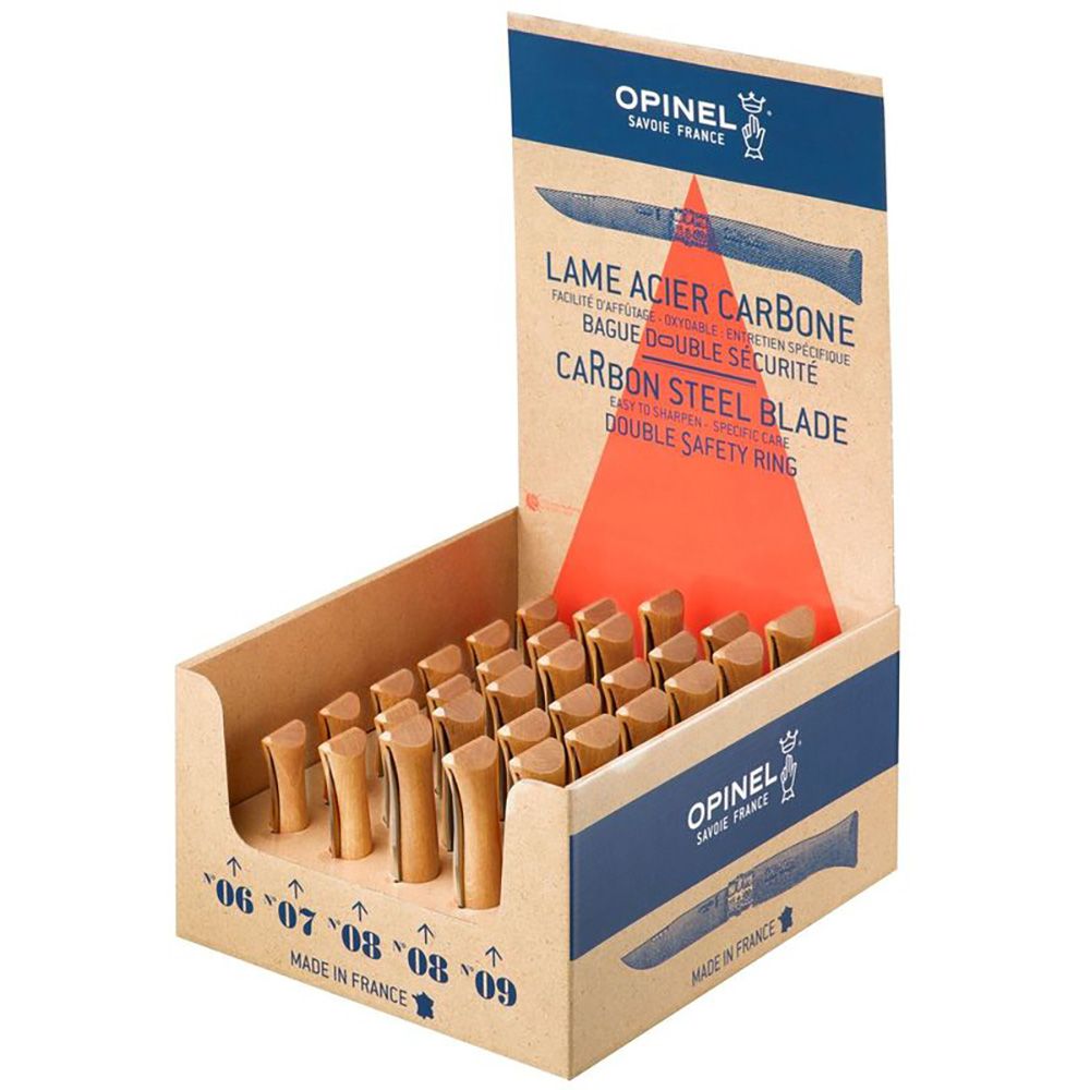 Expositor de facas em aço carbono opinel, 30 unidades (nº6, nº7, nº9 6 unidades, nº8 12 unidades de cada número)
