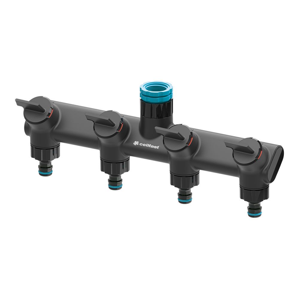Distribuidor de 4 vias com válvulas para torneiras energo de 6 bar, com roscas de ½ pol - ¾ pol e 1 pol, blister