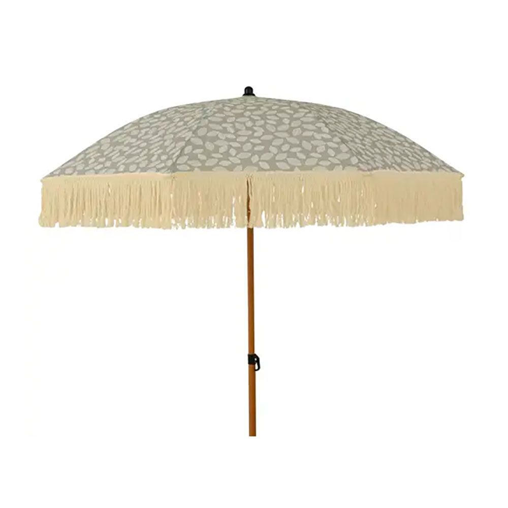 Guarda-sol para jardim, verde com design de folhas e franjas bege, ø180 x 216 cm