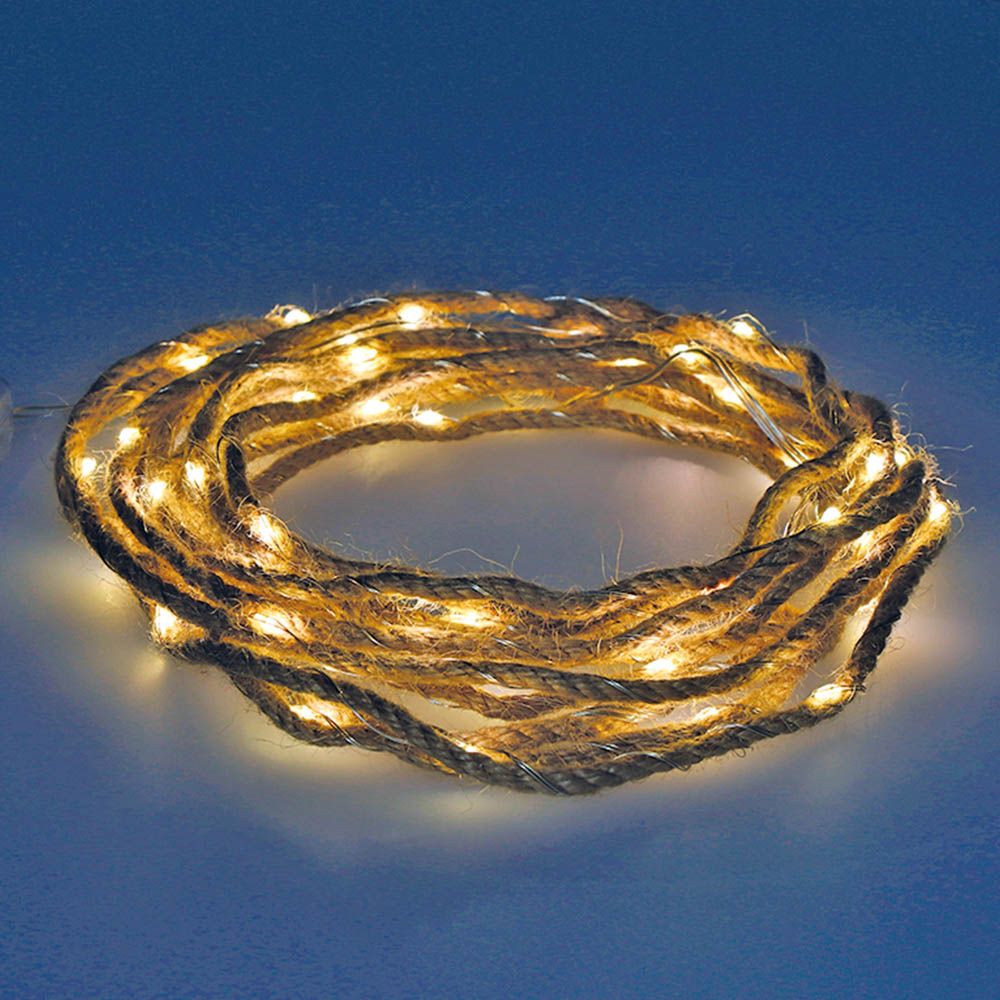 Grinalda de juta a pilhas 50 micro leds branco quente fixos ip20 5,03m