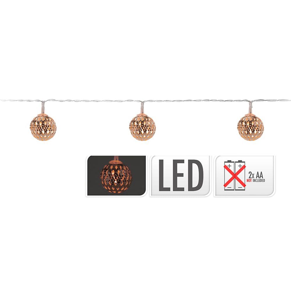 Grinalda a pilhas fixa 10 leds branco quente com bolas cor cobre ip20 1,3m